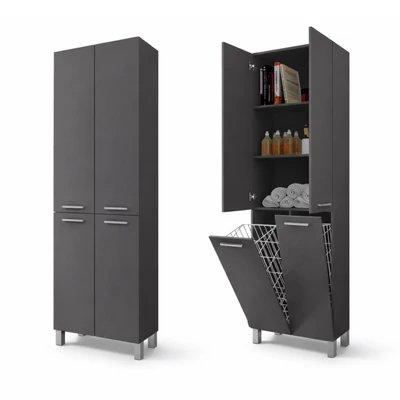 NORMANDIA 60 || Gri antracit mat, dulap de baie, cu coș de rufe, spațiu de depozitare și rafturi