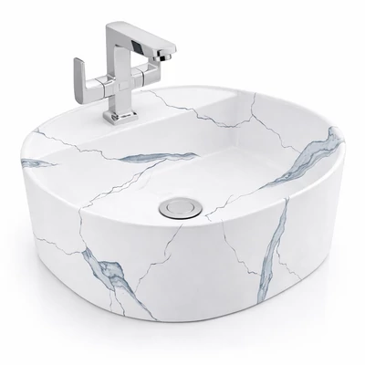 BERGAMO-M || Lavabou, de pus pe blat, ceramică, alb, imitație marmură, rotunjit