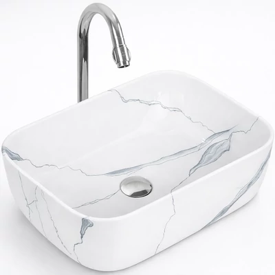 BERLIN-M || Lavabou, de pus pe blat, ceramică, alb, imitație marmură, dreptunghiular