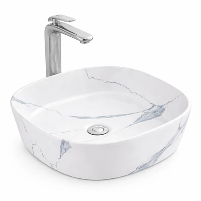 BERGAMO-M || SLIM Lavabou, de pus pe blat, ceramică, alb, imitație marmură, rotunjit