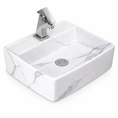 LINZ-M || Lavabou, de pus pe blat, ceramică, alb, imitație marmură, colțuros