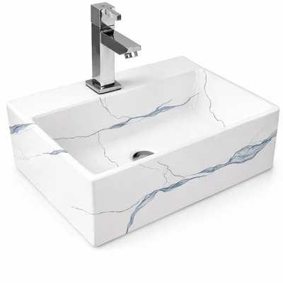 LEER-M || Lavabou, de pus pe blat, ceramică, alb, imitație marmură, colțuros