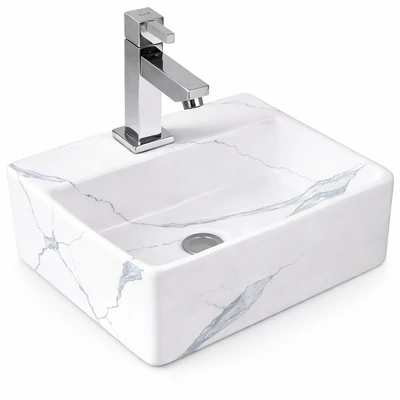 LAGE-M || Lavabou, de pus pe blat, ceramică, alb, imitație marmură, colțuros