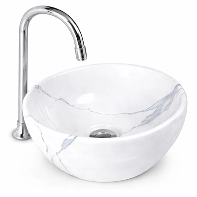 ASTI-M || Lavabou adânc, de pus pe blat, ceramică, alb, imitație marmură, rotund