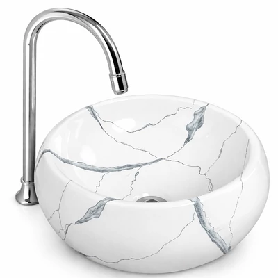BARI-M || Lavabou, de pus pe blat, ceramică, alb, imitație marmură, rotund