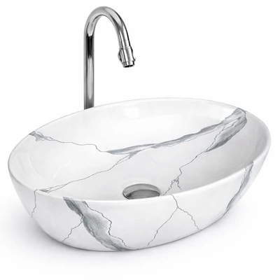 MONACO-M || Lavabou, de pus pe blat, ceramică, alb, imitație marmură, oval