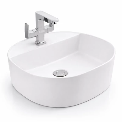 BERGAMO || Lavabou, de pus pe blat, ceramică, alb, rotunjit