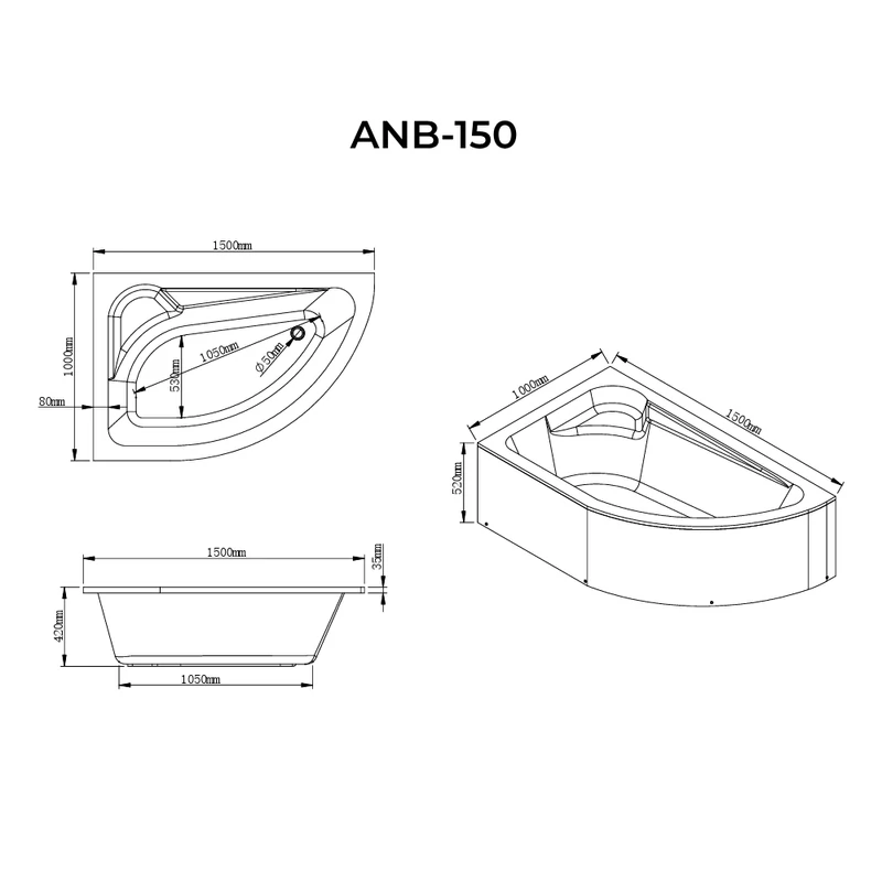 Nizza Căzi de baie pe colț asimetrice L 150x100