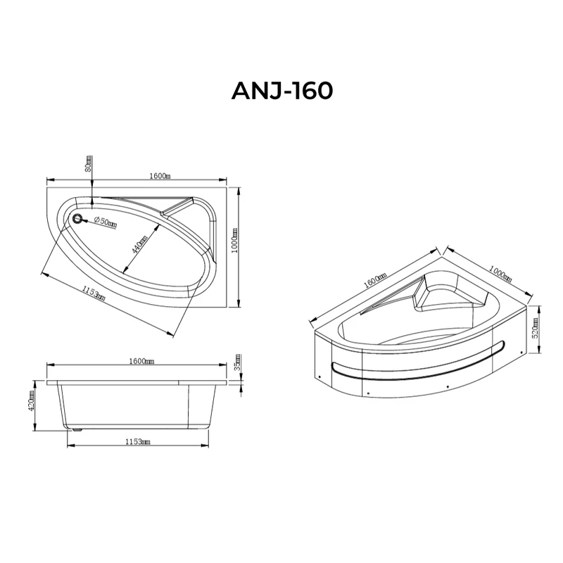 Nizza || Căzi de baie pe colț asimetrice R 160x100