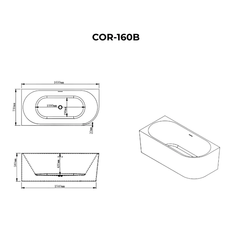 CORNER || Cadă de baie semi-freestanding, colț, stânga, alb, 160x75x58 cm
