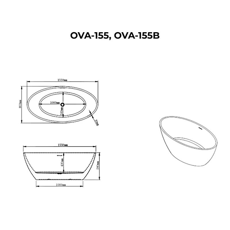 OVAL Cadă de baie freestanding, negru, 155x80x58 cm
