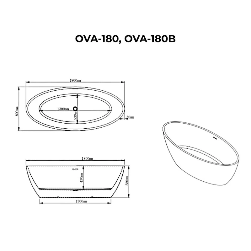 OVAL || Cadă de baie freestanding, alb, 180x80x58 cm