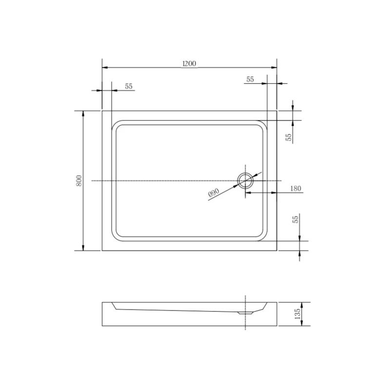 Almagro || 80x120x13,5 cm tăviță de duș pătrată, dreptunghiulară, acrilică, cu sifon inclus