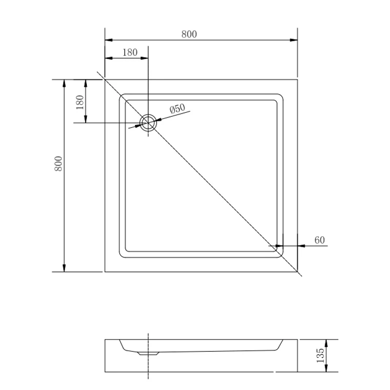Almagro || 80x80x13,5 cm tăviță de duș pătrată, acrilică, cu sifon inclus