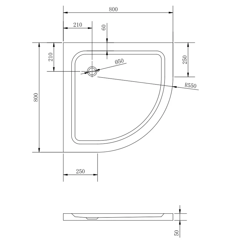Coria || 80x80x5 cm tăviță de duș semicirculară, acrilică, cu sifon inclus