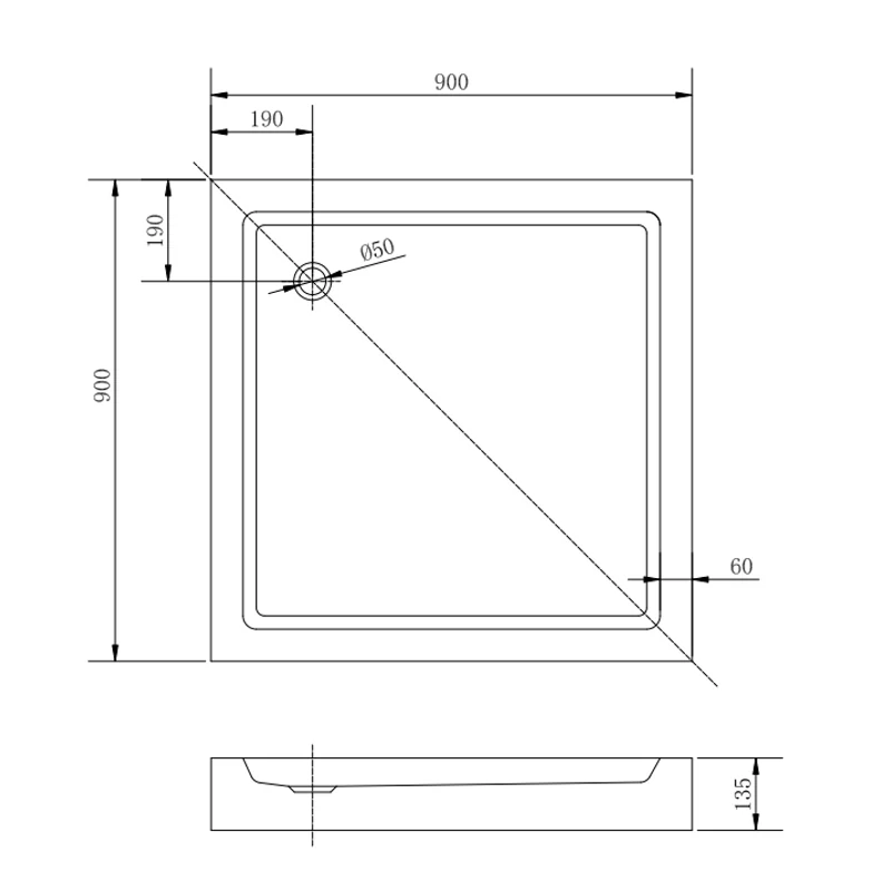 Almagro || 90x90x13,5 cm tăviță de duș pătrată, acrilică, cu sifon inclus