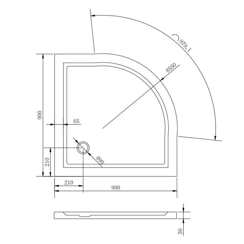Coria || 90x90x5 cm tăviță de duș semicirculară, acrilică, cu sifon inclus