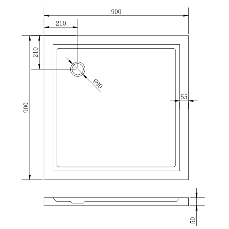 Coria || 90x90x5 cm tăviță de duș pătrată, acrilică, cu sifon inclus