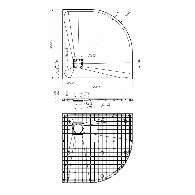 Cagliari || Black 80x80x2,6 cm tăviță de duș semicirculară, SMC, cu sifon inclus