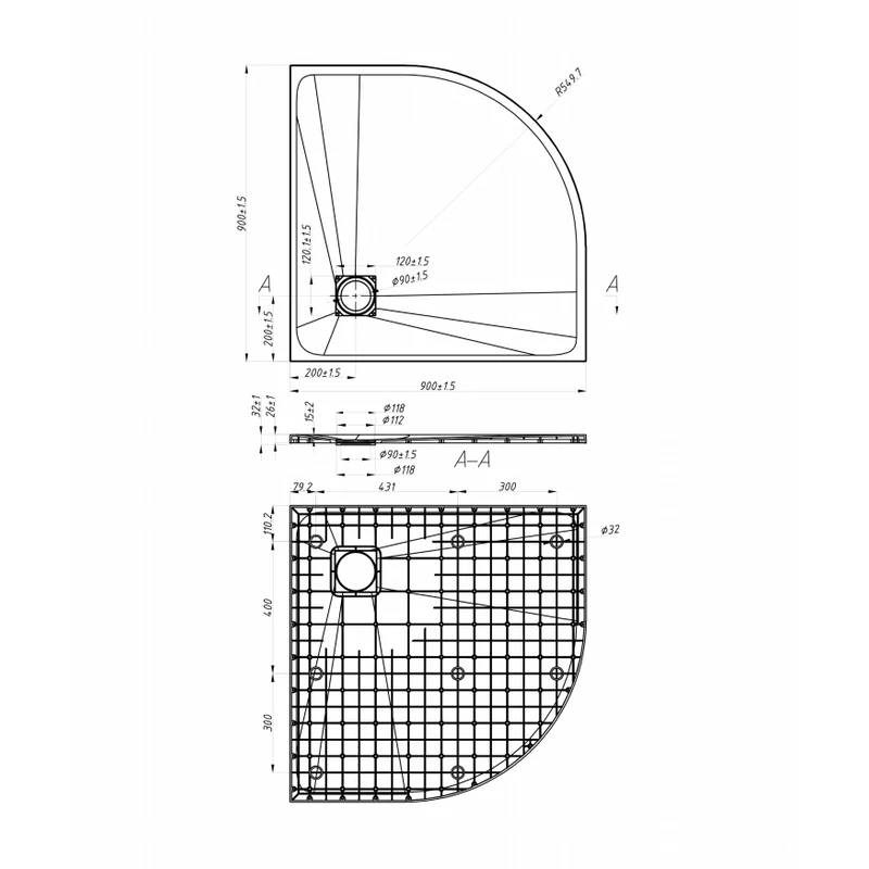 Cagliari || Black 90x90x2,6 cm tăviță de duș semicirculară, SMC, cu sifon inclus