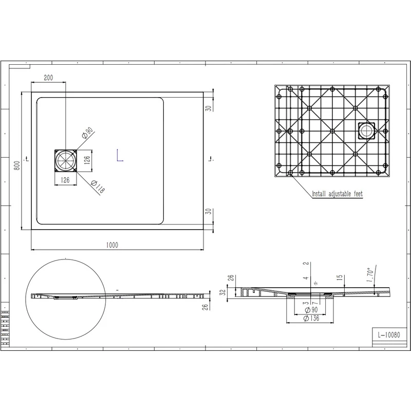 Cagliari || Black 80x100x2,6 cm tăviță de duș pătrată, SMC, cu sifon inclus