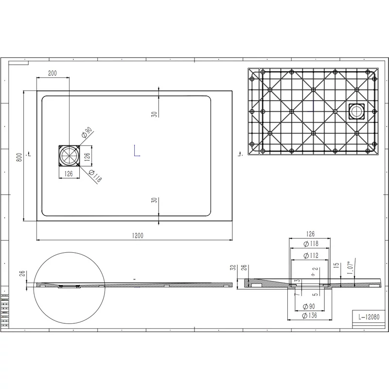 Cagliari || Black 80x120x2,6 cm tăviță de duș pătrată, SMC, cu sifon inclus