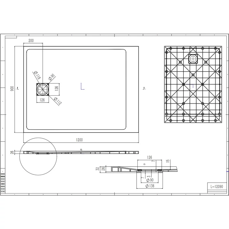 Cagliari || White 90x120x2,6 cm tăviță de duș pătrată, SMC, cu sifon inclus