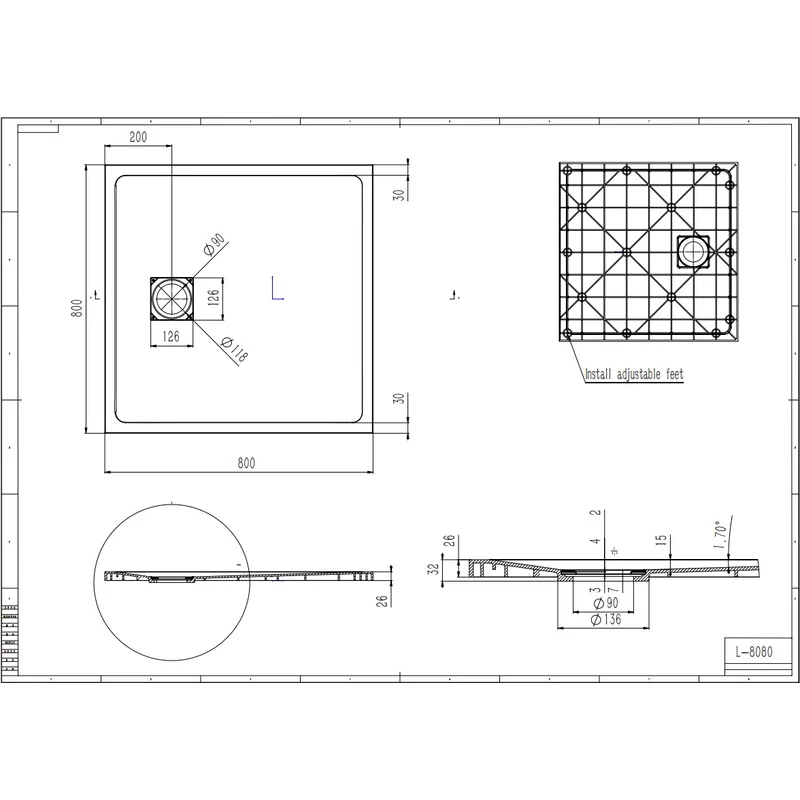 Cagliari || Black 80x80x2,6 cm tăviță de duș pătrată, SMC, cu sifon inclus