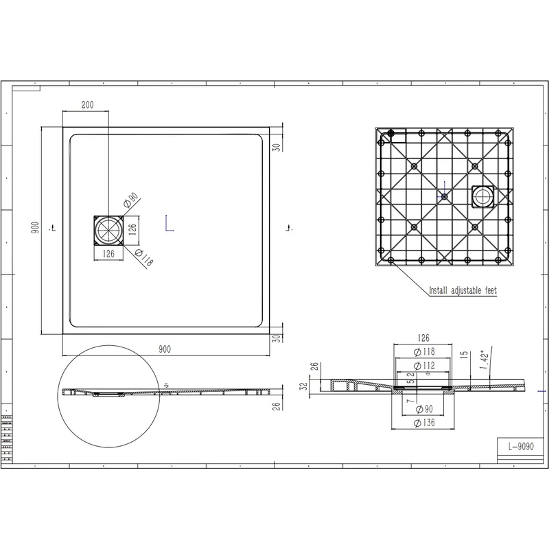Cagliari || Black 90x90x2,6 cm tăviță de duș pătrată, SMC, cu sifon inclus