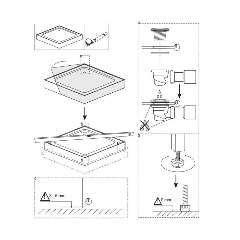 Almagro || 80x80x13,5 cm tăviță de duș pătrată, acrilică, cu sifon inclus