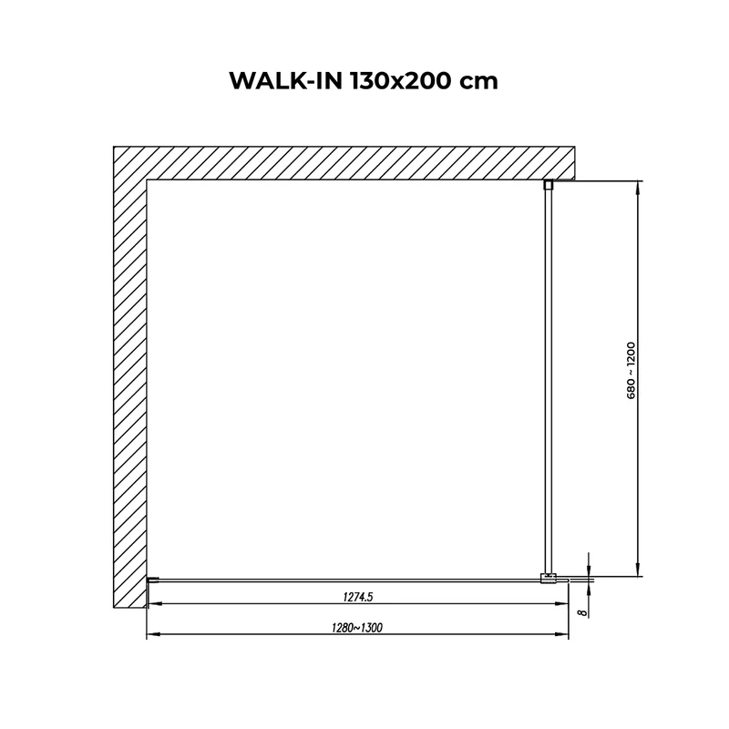 Walk-in || Chrome Perete de duș, gravat cu acid, cu sticlă mată 130, 200cm, 8mm