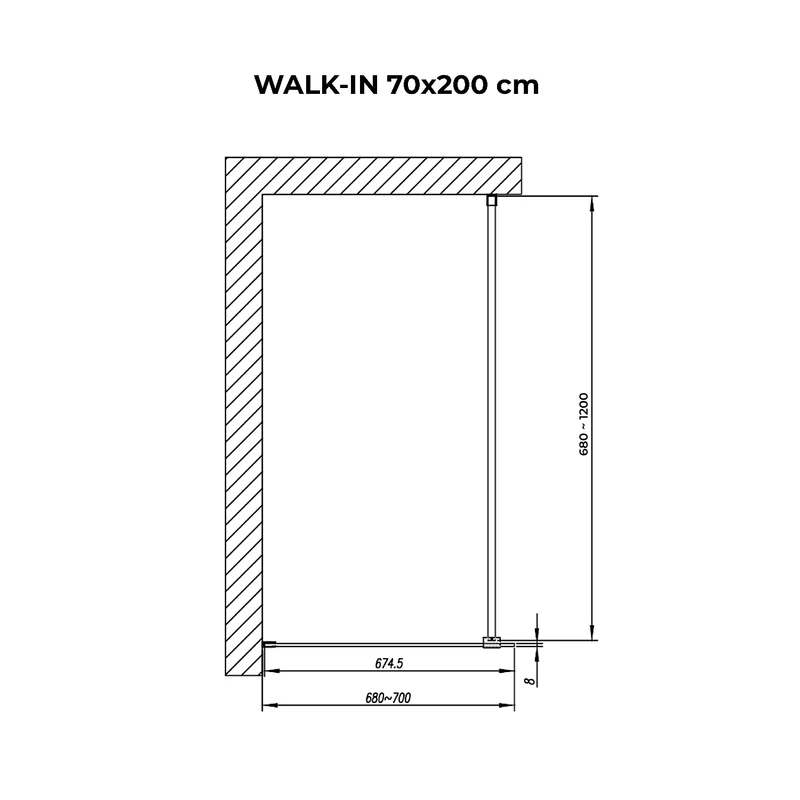 Walk-in || Black Perete de duș, gravat cu acid, cu sticlă mată 70, 200cm, 8mm