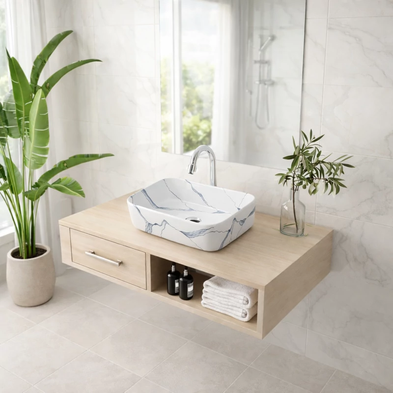 BERLIN-M || Lavabou, de pus pe blat, ceramică, alb, imitație marmură, dreptunghiular