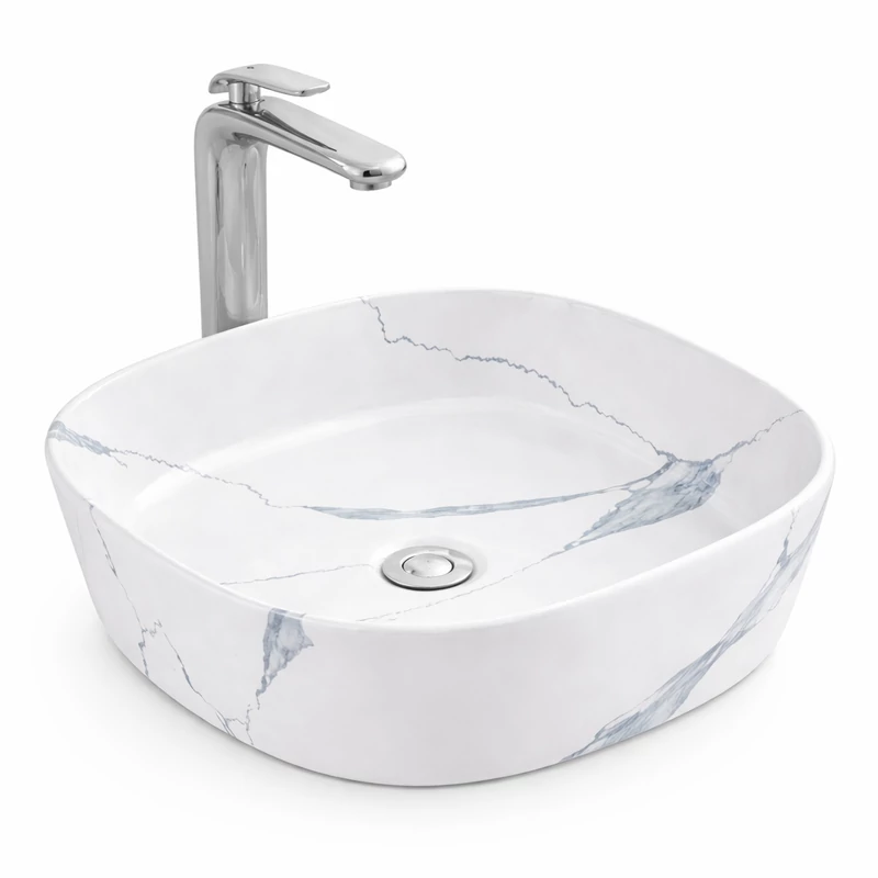 BERGAMO-M || SLIM Lavabou, de pus pe blat, ceramică, alb, imitație marmură, rotunjit