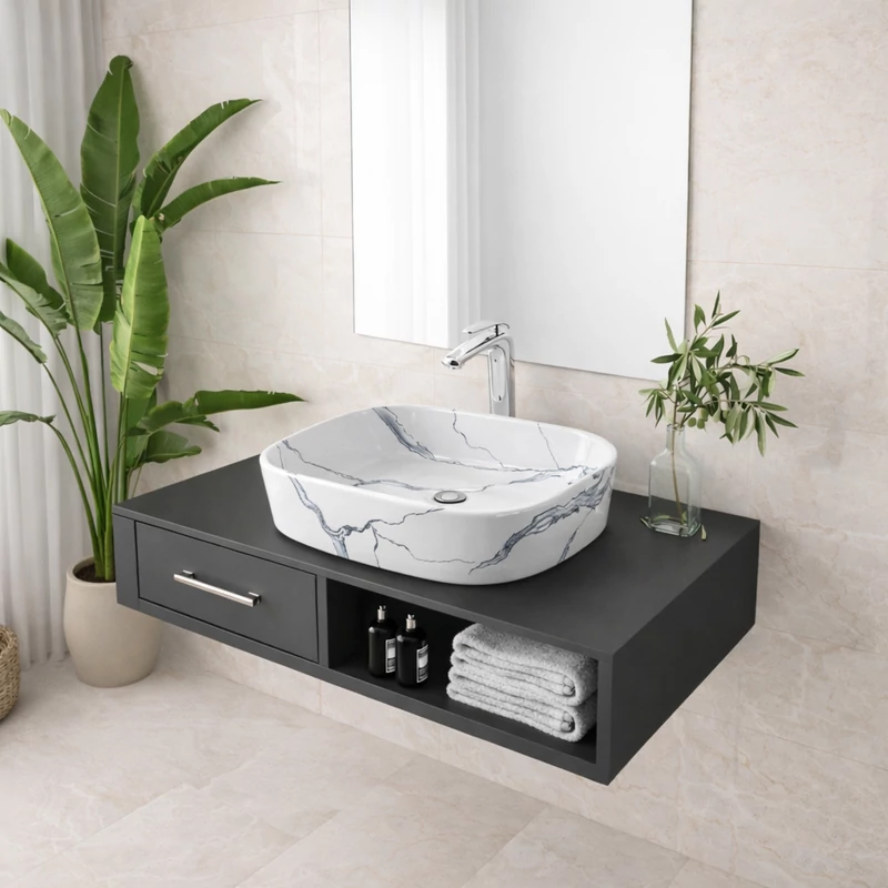 BERGAMO-M || SLIM Lavabou, de pus pe blat, ceramică, alb, imitație marmură, rotunjit