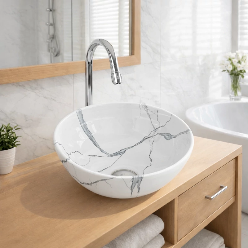 PARMA-M || Lavabou, de pus pe blat, ceramică, alb, imitație marmură, rotund