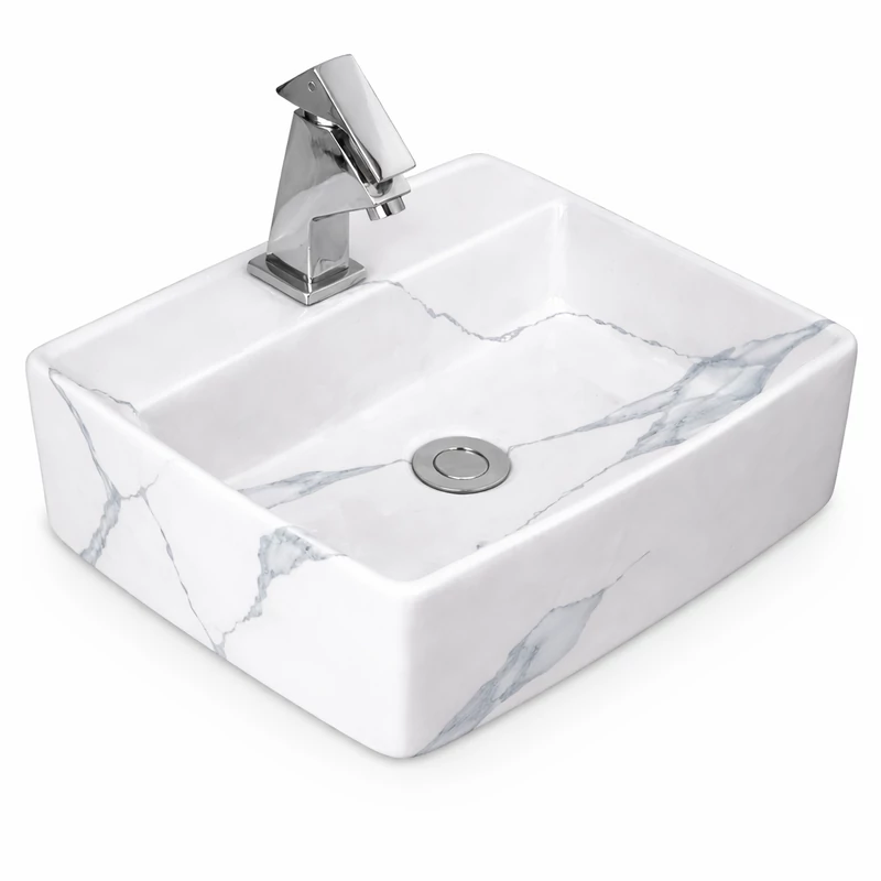 LINZ-M || Lavabou, de pus pe blat, ceramică, alb, imitație marmură, colțuros