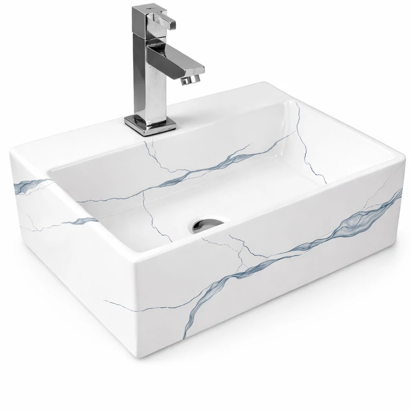LEER-M || Lavabou, de pus pe blat, ceramică, alb, imitație marmură, colțuros