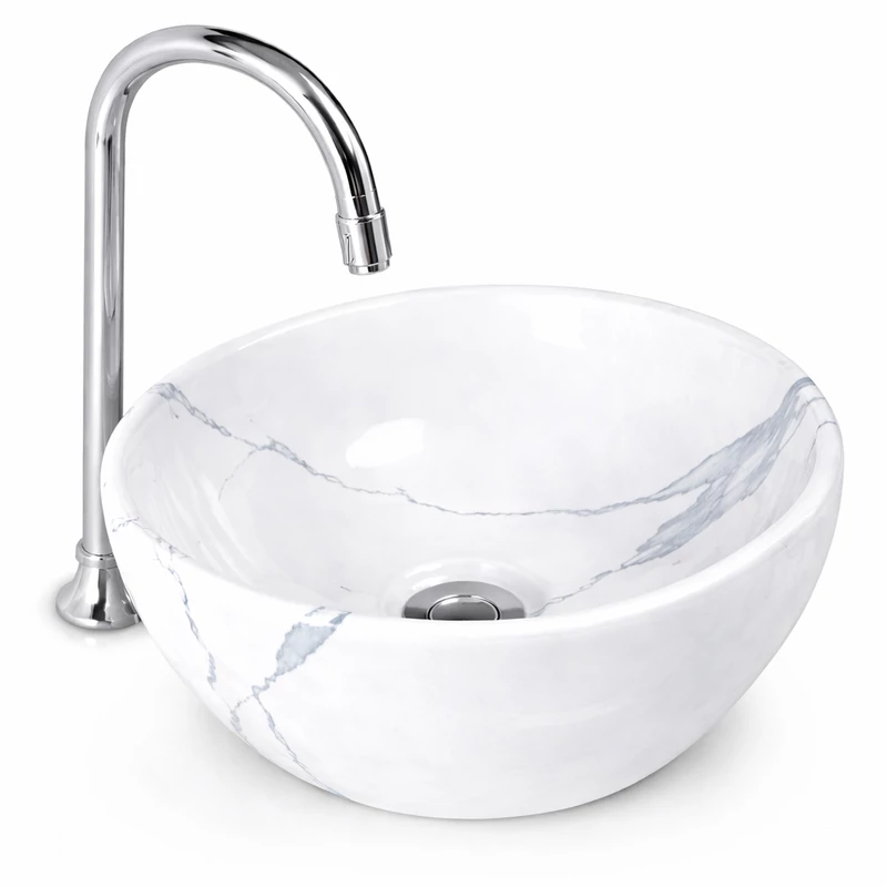 ASTI-M || Lavabou adânc, de pus pe blat, ceramică, alb, imitație marmură, rotund