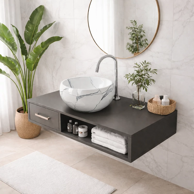 BARI-M || Lavabou, de pus pe blat, ceramică, alb, imitație marmură, rotund