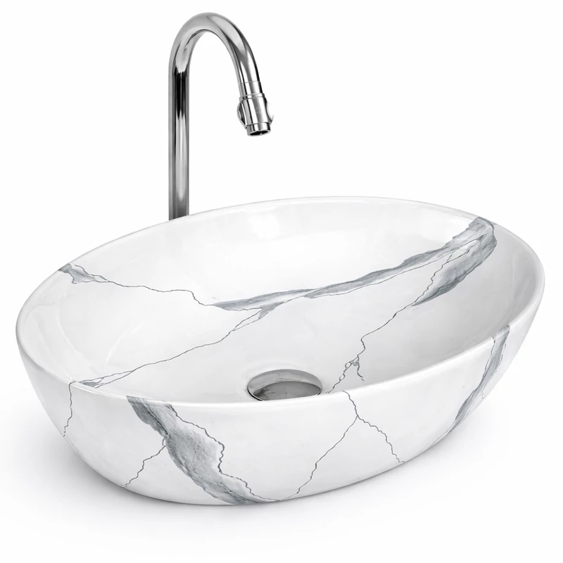 MONACO-M || Lavabou, de pus pe blat, ceramică, alb, imitație marmură, oval