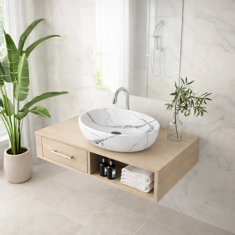 MONACO-M || Lavabou, de pus pe blat, ceramică, alb, imitație marmură, oval