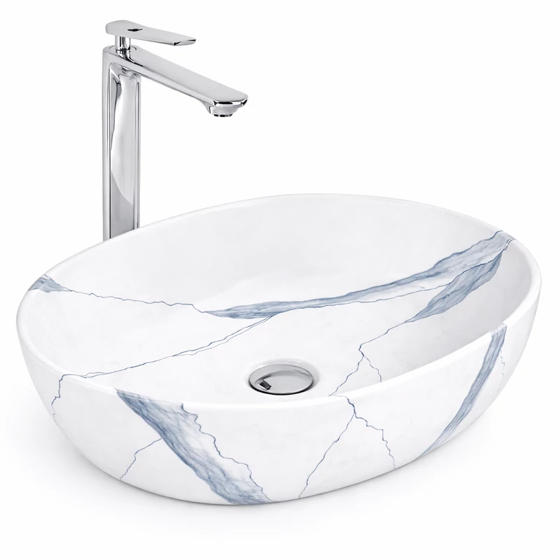 LIGNANO-M || Lavabou, de pus pe blat, ceramică, alb, imitație marmură, oval