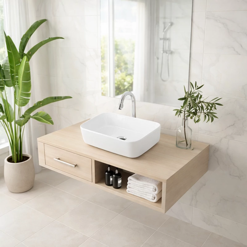 BERLIN || Lavabou, de pus pe blat, ceramică, alb, dreptunghiular