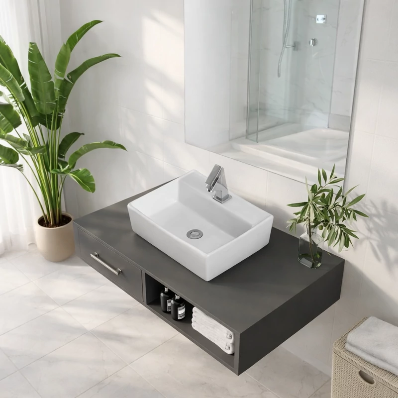 LINZ || Lavabou, de pus pe blat, ceramică, alb, colțuros