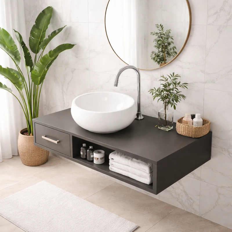 BARI || Lavabou, de pus pe blat, ceramică, alb, rotund