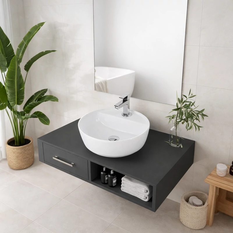 MONTERO || 40 Lavabou, de pus pe blat, ceramică, alb, rotunjit