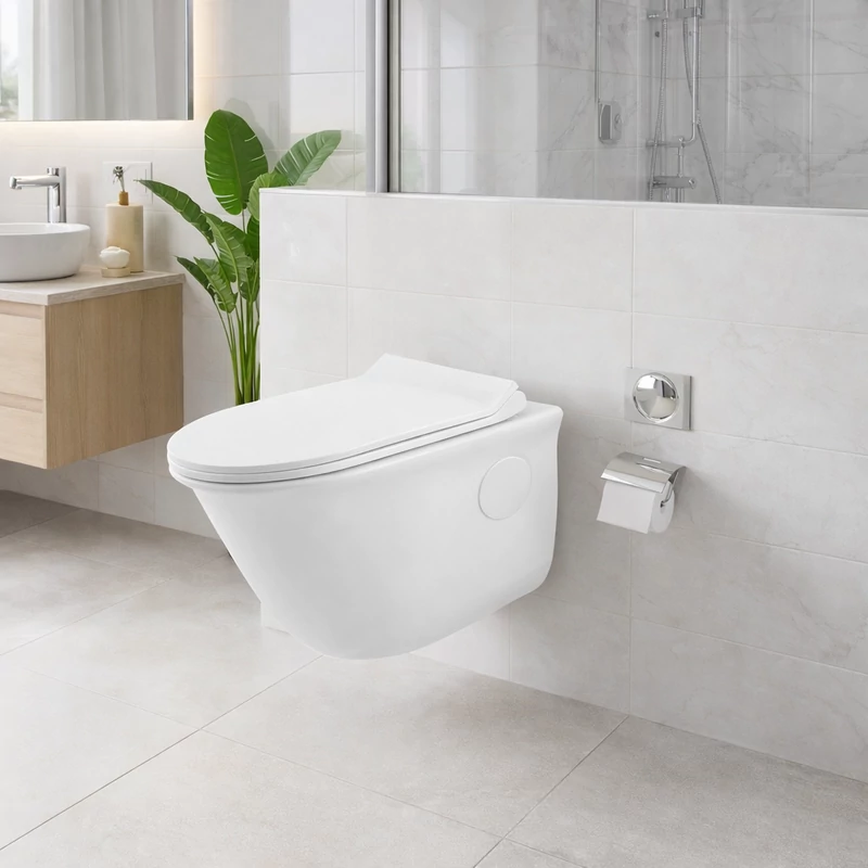 FRANKFURT || Vas WC, adânc, pentru montare pe perete, cu capac slim, ceramică, alb